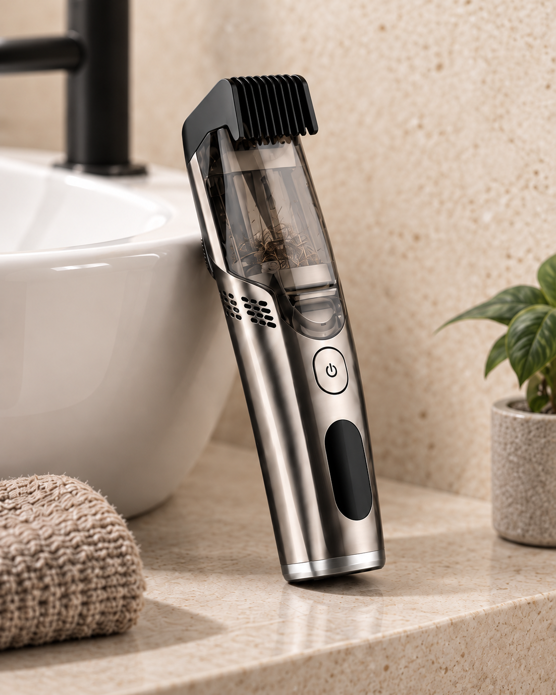 Silver and black TIDETRIM concept trimmer beside a bathroom sink